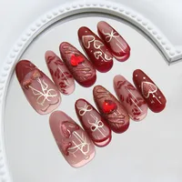 3D Cat Eye Heart-Shaped Cherry Hollow Bow French Style Removable Wearable Fake Nails Glue 30 Pieces Suit main image 3