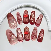 3D Cat Eye Heart-Shaped Cherry Hollow Bow French Style Removable Wearable Fake Nails Glue 30 Pieces Suit main image 4