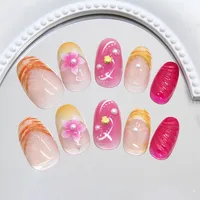 Sweet Short Almond Nail Tip French Flower Pearl Shell Design Removable Shiny Nails 24 Pieces  Style main image 4