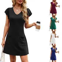 New Casual Solid Color And V-neck Short Sleeve Dress With Pockets Fashion  Style Style Midi A- Line Skirt main image 1
