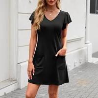 New Casual Solid Color And V-neck Short Sleeve Dress With Pockets Fashion  Style Style Midi A- Line Skirt main image 2