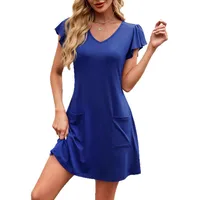 New Casual Solid Color And V-neck Short Sleeve Dress With Pockets Fashion  Style Style Midi A- Line Skirt main image 5
