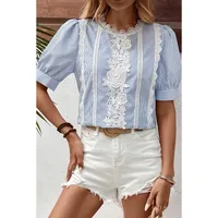 Summer 2025 Women's Lace Splice Printed Chiffon Top Five-Quarter Sleeve Round Neck Commute Style Loose Fit Casual Fashion main image 3