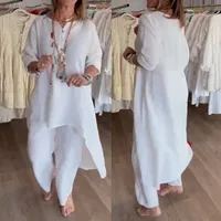 Fashionable Cotton Linen Long Top Wide Leg Pants Two Piece Set For Women Casual Wear Comfortable Breathable Seven Sleeve Length main image 1