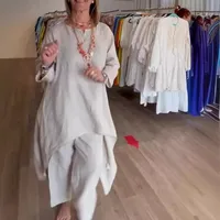 Fashionable Cotton Linen Long Top Wide Leg Pants Two Piece Set For Women Casual Wear Comfortable Breathable Seven Sleeve Length main image 3