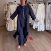Fashionable Cotton Linen Long Top Wide Leg Pants Two Piece Set For Women Casual Wear Comfortable Breathable Seven Sleeve Length main image 4