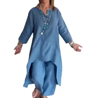 Fashionable Cotton Linen Long Top Wide Leg Pants Two Piece Set For Women Casual Wear Comfortable Breathable Seven Sleeve Length main image 5