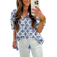 Summer 2025 Women's V-neck Half-sleeve Pullover Abstract Print Casual Chiffon Top Loose Fit Regular Sleeve Length Five main image 2