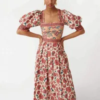 Casual Floral Print Top And Halter Skirt Two-Piece Set Square Collar Midi Skirt Stylish Commute Urban Style Women's Fashion main image 3