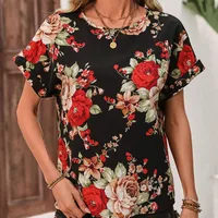 Fashion Short Sleeve Round Neck T-shirt Independent New Summer Printed Top Women's Plant Flower Polyester Fabric Batwing Sleeve main image 4