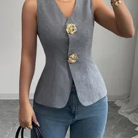 Elegant Gold Rose Brooch Neck Sleeveless Vest  Size Women's Fashionable Commuting Style A-Line Backless Top sku image 5