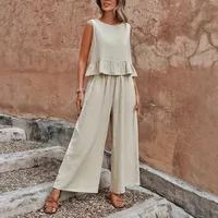 Spring Summer New European Size Ladies Solid Color Ruffle Sleeveless Tank Top And Wide Leg Pants Set Fashion Casual Outfit main image 1
