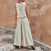 Spring Summer New European Size Ladies Solid Color Ruffle Sleeveless Tank Top And Wide Leg Pants Set Fashion Casual Outfit main image 2