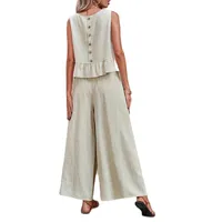 Spring Summer New European Size Ladies Solid Color Ruffle Sleeveless Tank Top And Wide Leg Pants Set Fashion Casual Outfit main image 3