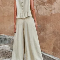 Spring Summer New European Size Ladies Solid Color Ruffle Sleeveless Tank Top And Wide Leg Pants Set Fashion Casual Outfit sku image 5