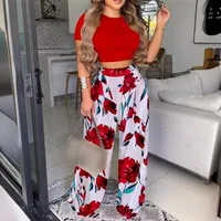 Elegant Short Sleeve Two-Piece Printed Trousers Women's Fashion Casual Wear Breathable Comfortable Polyester Blend main image 3