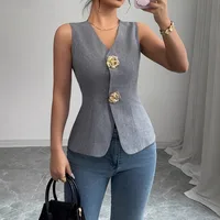 Elegant Gold Rose Brooch Neck Sleeveless Vest  Size Women's Fashionable Commuting Style A-Line Backless Top main image 2