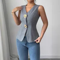 Elegant Gold Rose Brooch Neck Sleeveless Vest  Size Women's Fashionable Commuting Style A-Line Backless Top main image 4