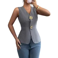 Elegant Gold Rose Brooch Neck Sleeveless Vest  Size Women's Fashionable Commuting Style A-Line Backless Top main image 5