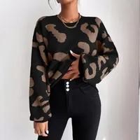 Fashion Classic Leopard Pattern Knitted Sweater Women Round Neck Pullover Long Sleeve Commuter Style Regular Sleeve Length main image 3