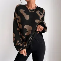 Fashion Classic Leopard Pattern Knitted Sweater Women Round Neck Pullover Long Sleeve Commuter Style Regular Sleeve Length main image 4