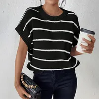 Women's Short-Sleeved Knitted Sweater Summer New Striped Multicolor Printing Pullover Cotton Acrylic Loose Design Street Style Top main image 1