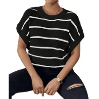 Women's Short-Sleeved Knitted Sweater Summer New Striped Multicolor Printing Pullover Cotton Acrylic Loose Design Street Style Top main image 5