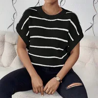 Women's Short-Sleeved Knitted Sweater Summer New Striped Multicolor Printing Pullover Cotton Acrylic Loose Design Street Style Top sku image 5