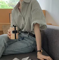 Elegant Striped Short Sleeve Shirt Women's Loose Design Summer  Fashion Tops Gray New Casual Wear main image 2