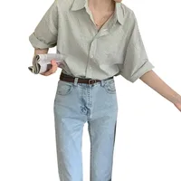 Elegant Striped Short Sleeve Shirt Women's Loose Design Summer  Fashion Tops Gray New Casual Wear main image 5
