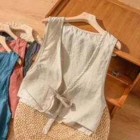 Universal Cotton And Linen Solid Color Drawstring Cardigan Vest Women's Artistic Retro Loose Trendy Top Commuter Urban Style Backless main image 1
