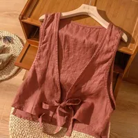 Universal Cotton And Linen Solid Color Drawstring Cardigan Vest Women's Artistic Retro Loose Trendy Top Commuter Urban Style Backless main image 2