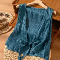 Universal Cotton And Linen Solid Color Drawstring Cardigan Vest Women's Artistic Retro Loose Trendy Top Commuter Urban Style Backless main image 3