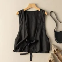 Universal Cotton And Linen Solid Color Drawstring Cardigan Vest Women's Artistic Retro Loose Trendy Top Commuter Urban Style Backless main image 4