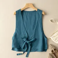 Universal Cotton And Linen Solid Color Drawstring Cardigan Vest Women's Artistic Retro Loose Trendy Top Commuter Urban Style Backless main image 5