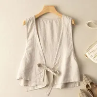 Universal Cotton And Linen Solid Color Drawstring Cardigan Vest Women's Artistic Retro Loose Trendy Top Commuter Urban Style Backless sku image 5