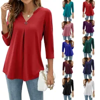 Solid Color And V-neck T-shirt Women's Shirt With Button Details Three-Quarter Sleeve Cotton Blended 3D Effect main image 1