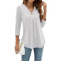 Solid Color And V-neck T-shirt Women's Shirt With Button Details Three-Quarter Sleeve Cotton Blended 3D Effect main image 2