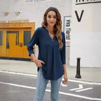 Solid Color And V-neck T-shirt Women's Shirt With Button Details Three-Quarter Sleeve Cotton Blended 3D Effect main image 3