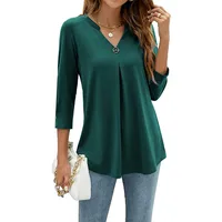 Solid Color And V-neck T-shirt Women's Shirt With Button Details Three-Quarter Sleeve Cotton Blended 3D Effect main image 4