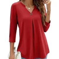 Solid Color And V-neck T-shirt Women's Shirt With Button Details Three-Quarter Sleeve Cotton Blended 3D Effect main image 5