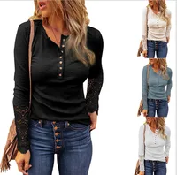 New  Round Neck Stitching Lace Sleeve Loose-Fitting Solid Color Long Sleeves T-shirt Female Fashion Commuter Style main image 1