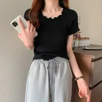 Summer  Women's Knitted Short-Sleeved T-shirt Ice Silk Material Slim Fit Short Chic Coat Bottoming Top Casual New Style sku image 1