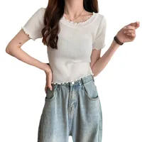 Summer  Women's Knitted Short-Sleeved T-shirt Ice Silk Material Slim Fit Short Chic Coat Bottoming Top Casual New Style main image 5