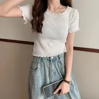 Summer  Women's Knitted Short-Sleeved T-shirt Ice Silk Material Slim Fit Short Chic Coat Bottoming Top Casual New Style sku image 2