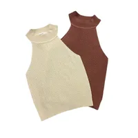 Slim Fit  Style Summer T-shirt Off-the-Shoulder Knitted Vest Top Women's Short Solid Color Commute Style main image 5