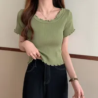 Summer  Women's Knitted Short-Sleeved T-shirt Ice Silk Material Slim Fit Short Chic Coat Bottoming Top Casual New Style sku image 3