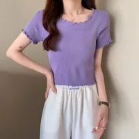 Summer  Women's Knitted Short-Sleeved T-shirt Ice Silk Material Slim Fit Short Chic Coat Bottoming Top Casual New Style sku image 4