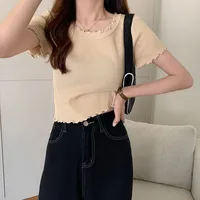 Summer  Women's Knitted Short-Sleeved T-shirt Ice Silk Material Slim Fit Short Chic Coat Bottoming Top Casual New Style sku image 6