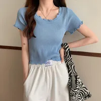 Summer  Women's Knitted Short-Sleeved T-shirt Ice Silk Material Slim Fit Short Chic Coat Bottoming Top Casual New Style sku image 7